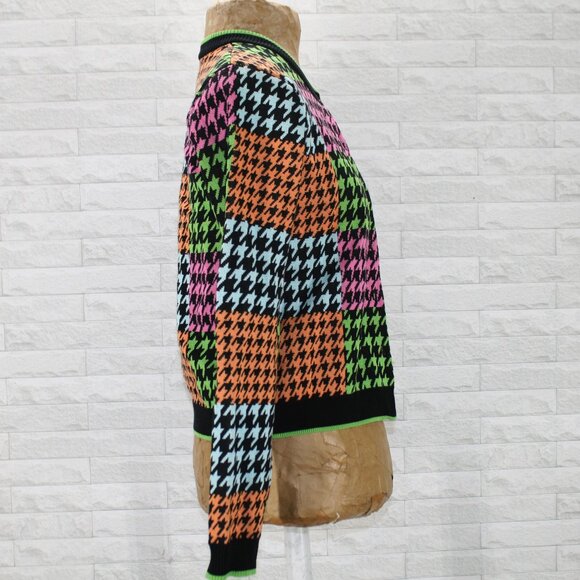 TEDDY FRESH Cardigan Houndstooth Patchwork Cropped Colorful Knit Sweater Neon S - Picture 3 of 12
